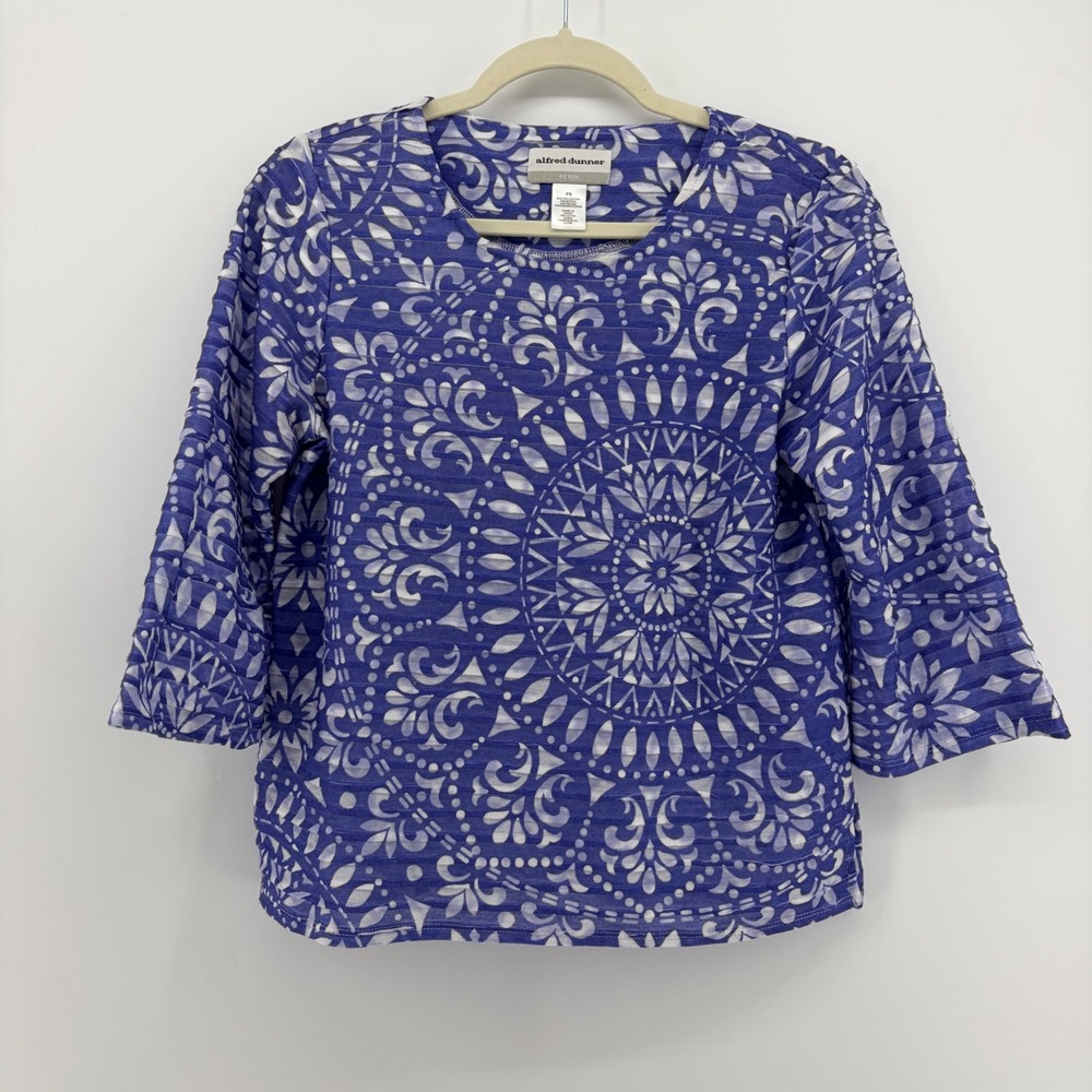 Alfred Dunner Womens PS Blue White Mandala Print 3/4 Sleeve Ribbed Top Blouse